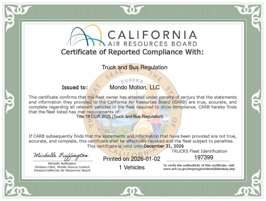 California Air Resources Board certificate of reported compliance with the Truck and Bus Regulation, issued to Mondo Motion LLC, valid until December 31, 2026