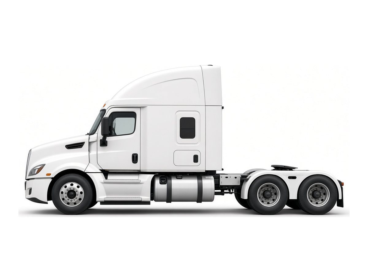 Driver side of a white sleeper tractor, whole unit in frame, bumper to mud flaps