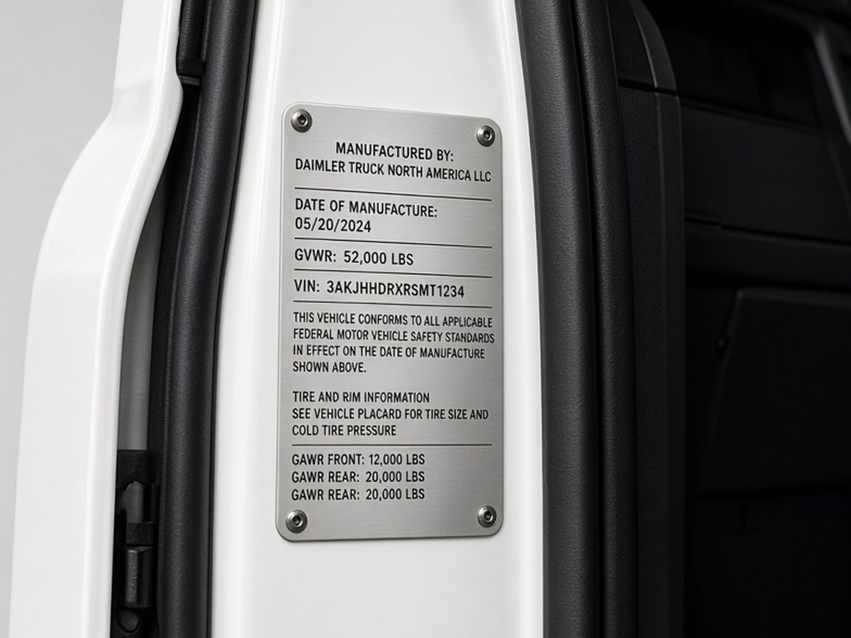 Manufacturer plate on the door jamb of a white tractor showing the VIN, GVWR and date of manufacture