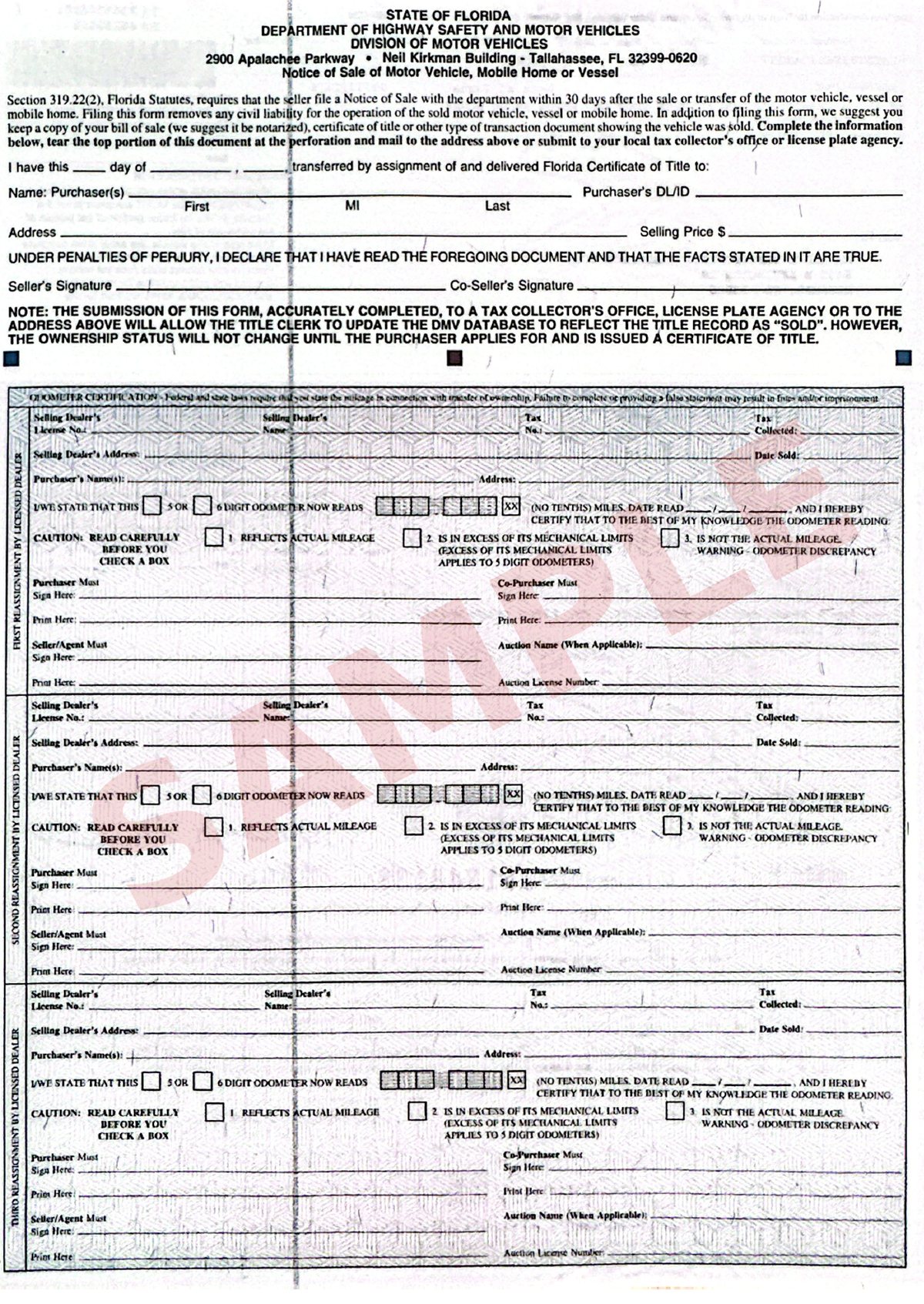 Back of the title: notice of sale and reassignment sections, all left blank