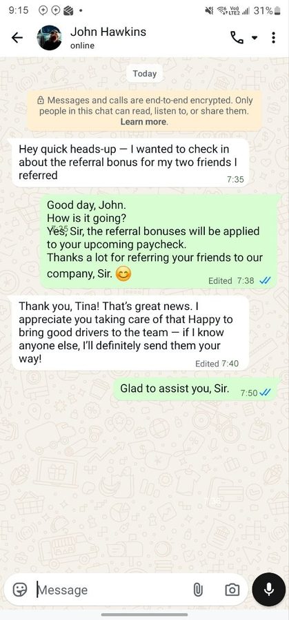 Text conversation: a driver asks about the referral bonus for two friends he referred; Tina confirms it is on his next paycheck